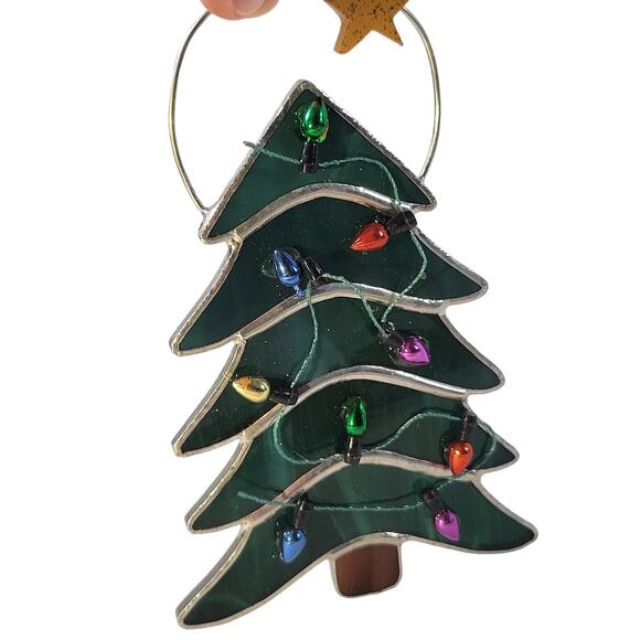 Green Stained Glass Christmas Tree Ornament with Multicolor Lights and Star 5" - Picture 2 of 10